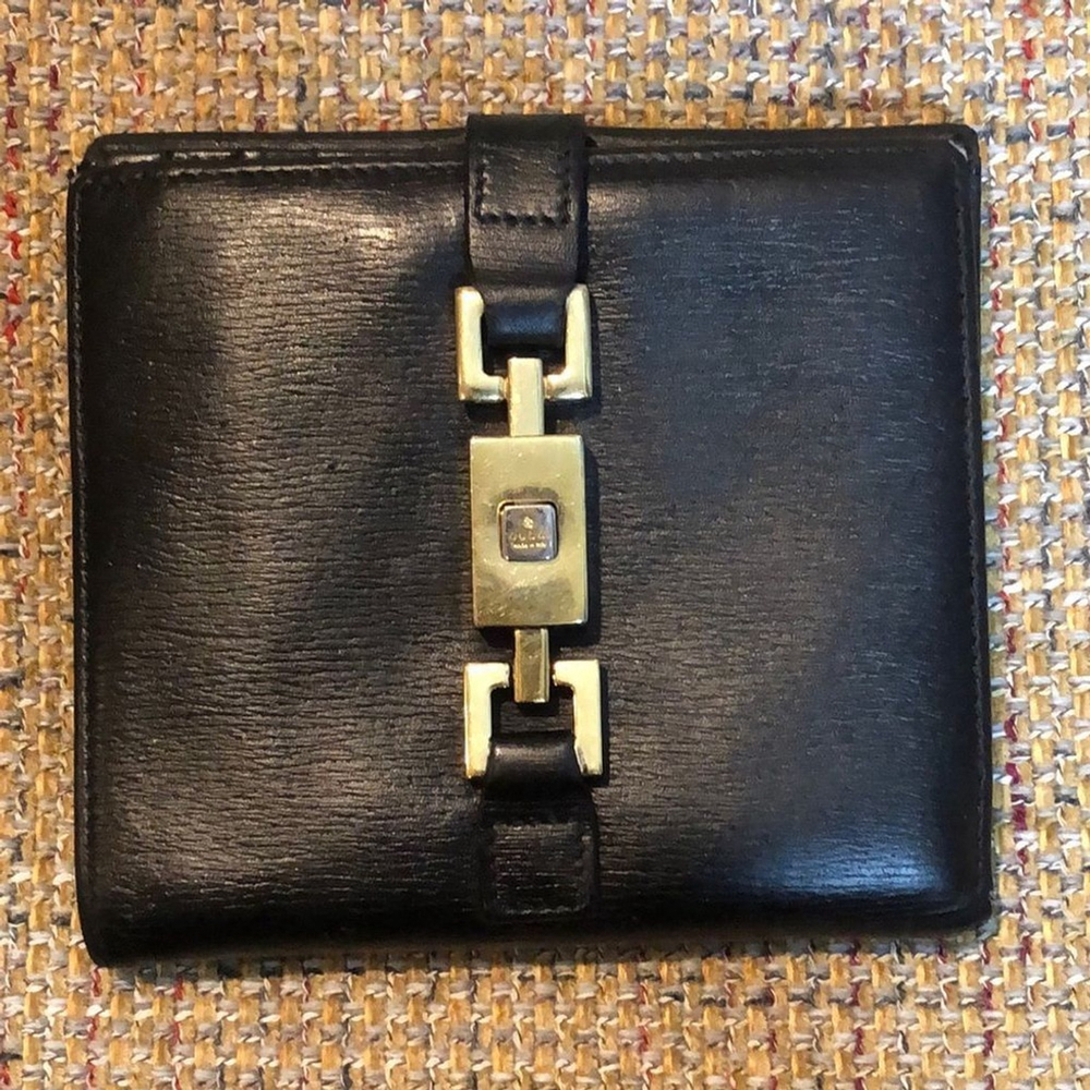 GUCCI Black Calfskin Leather Trifold Jackie Piston Wallet Vintage